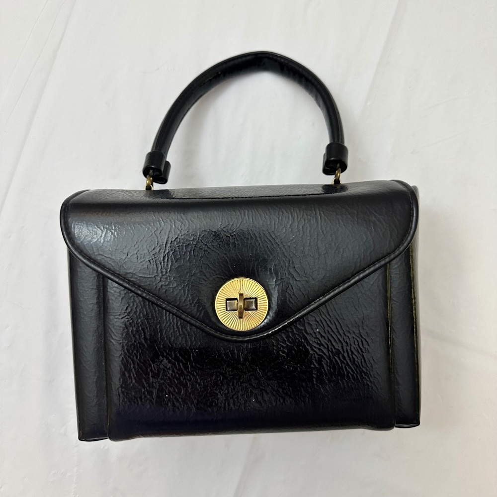 Vintage Black Faux Leather Top‎ Handle Handbag Structured Satchel Gold Clasp